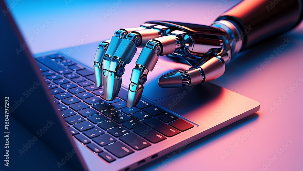 Aufkleber robotic hand interacting with a laptop keyboard in a futuristic setting
