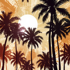 Sunset Palm Tree Illustration with Radiant Tropical Sky