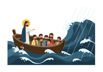 Jesus and Disciples in a Boat Amidst Stormy Sea Illustration.