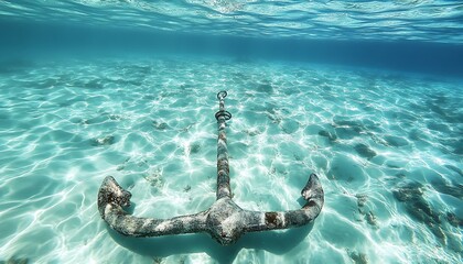 Rustic Anchor Resting on Clear Shallow Seafloor Beneath Turquoise Ocean Waters in Peaceful Marine Scene