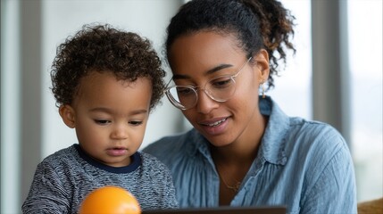 African female adult engages with child using tablet indoors.