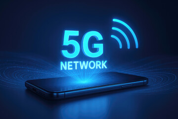 Glowing blue 5G network symbol above smartphone technology communication