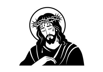 Weeping Jesus Christ Crown of Thorns Black and White Illustration.