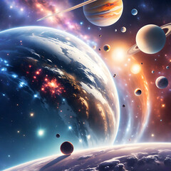Vast Cosmic Landscape with Planets and Nebulae