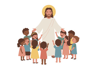 Jesus Christ with Halo Surrounded by Diverse Children with Raised Hands.