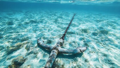 Rustic Anchor Resting on Clear Shallow Seafloor Beneath Turquoise Ocean Waters in Peaceful Marine Scene