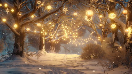 Magical snowy forest clearing at twilight with glowing lanterns hanging from frosted trees. Soft golden reflections on snow, cozy winter atmosphere. Central space reserved for text