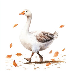 Obraz premium Watercolor Goose Walking Amidst Falling Autumn Leaves in a Gentle Breeze
