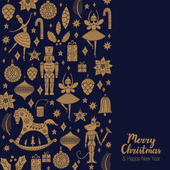 Nutcracker. Cute Christmas greeting card. Gold illustration.