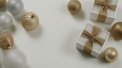 Flat lay of elegant Christmas gift boxes wrapped in matte paper with silk ribbons. Golden and silver ornaments on minimalist white background. Soft shadows and space on the right for text