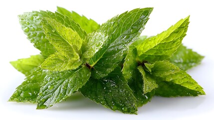Close-up view of fresh mint leaves with water droplets.