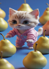 small feline, fluffy kitten, cartoon-style cat, big eyes, sweet expression, domestic cat, 