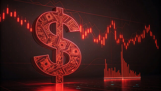 Red neon dollar sign with downward trending stock market graph and bar chart