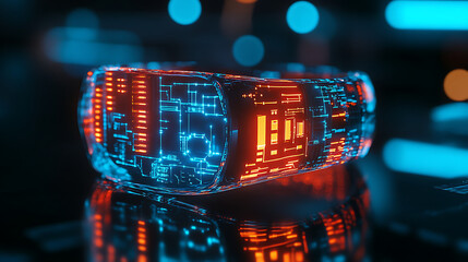 Sleek wearable holographic communicator glowing with neon circuits on a reflective surface 