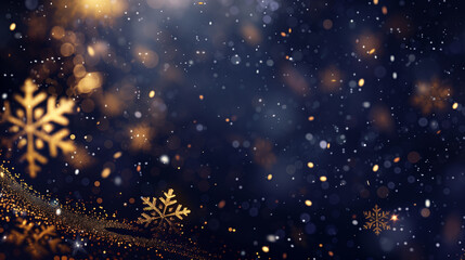 Abstract swirl of golden glitter and snowflakes on deep navy background, flowing motion from left to right with space for text, luxurious festive atmosphere, ultra-detailed design