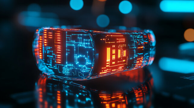 Sleek wearable holographic communicator glowing with neon circuits on a reflective surface 