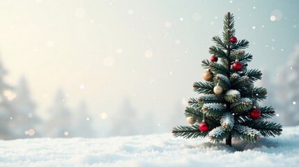 A Festive Miniature Evergreen Tree Adorned with Sparkling Ornaments Rests in a Blanket of Fresh Snow, a Serene Winter Wonderland Scene