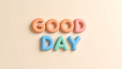F3D text 'Good Day' in clay texture, soft pastel colors, rounded letters