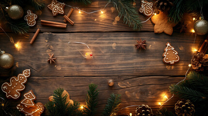 Top-down view of rustic wooden table with Christmas cookies, pine branches, cinnamon sticks, and fairy lights, warm tones and blurred center for text, cozy festive mood