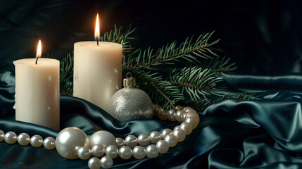 Luxury Christmas still life with burning candles, crystal ornaments, pearls and fir branches on velvet fabric, dark dramatic background and right-side space for branding