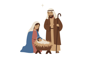 Nativity Scene: Mary Joseph and Baby Jesus in a Manger.