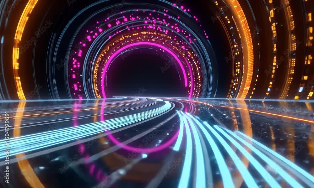 Poster abstract digital tunnel visualization with glowing blue orange and purple light trails against black