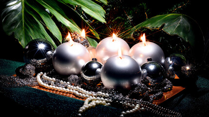 Luxury Christmas still life with burning candles, crystal ornaments, pearls and fir branches on velvet fabric, dark dramatic background and right-side space for branding