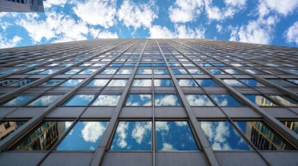 Low angle shot of high-rise building with sky reflection in grid-like windows.