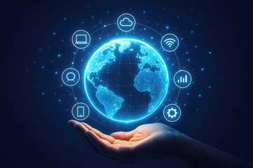 Glowing blue earth held in open palm surrounded by digital icons globe technology