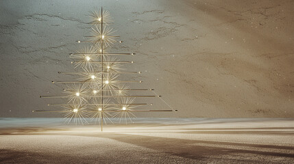 Modern minimal Christmas tree made of golden wire and fairy lights on a matte neutral background. Soft gradient floor and empty space above for headline or product placement background