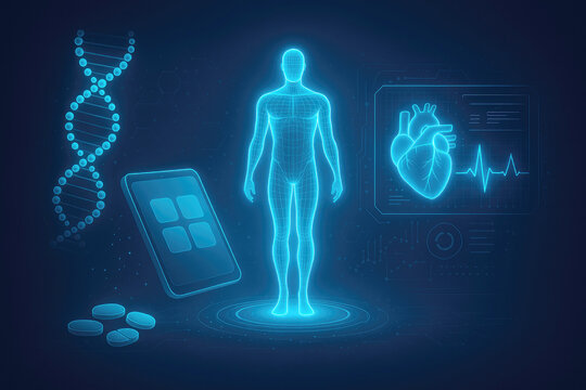 Glowing blue human anatomy and medical data visualization futuristic technology