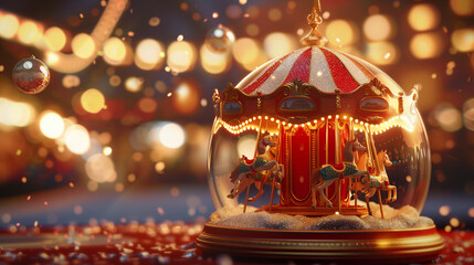 Vintage toy carousel inside a snow globe with glitter particles floating. Dreamy bokeh lights, rich reds and golds create a magical, romantic mood. Empty base space for text background
