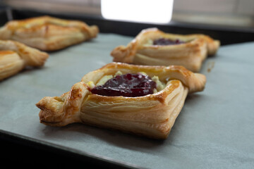 Puff pastry with jam and cream cheese. Dessert. Pastries. Food concept