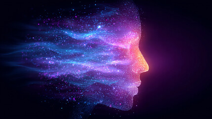 Vibrant digital art depicting a female silhouette with flowing colorful light waves representing thoughts and emotions in a cosmic atmosphere