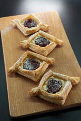 Puff pastry with jam and cream cheese. Dessert. Pastries. Food concept