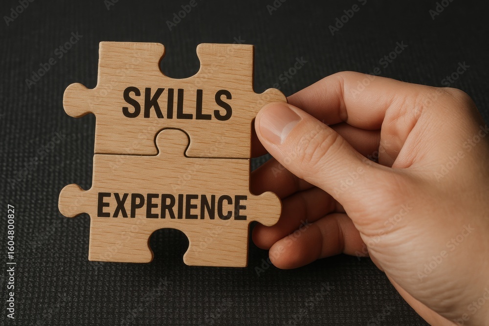 Poster skills and experience: a visual representation of skills and experience, the puzzle pieces are held 