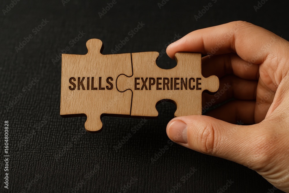 Poster skills and experience: a hand carefully connects two puzzle pieces. skills and experience represent 