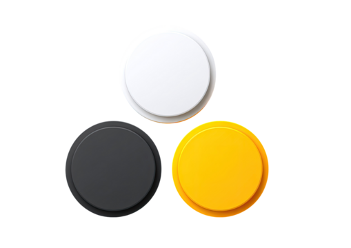 Three colored circles arranged in a triangle.  White, black, and yellow circles layered atop one another.  Simple, geometric design