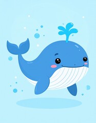 Obraz premium A cute blue whale cartoon with big eyes and a water spout swimming in a light blue underwater scene with bubbles.