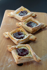 Puff pastry with jam and cream cheese. Dessert. Pastries. Food concept