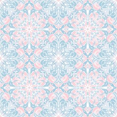 A seamless vintage floral pattern with symmetrical blue and pink motifs, featuring elegant curving lines and intricate details on a white background.