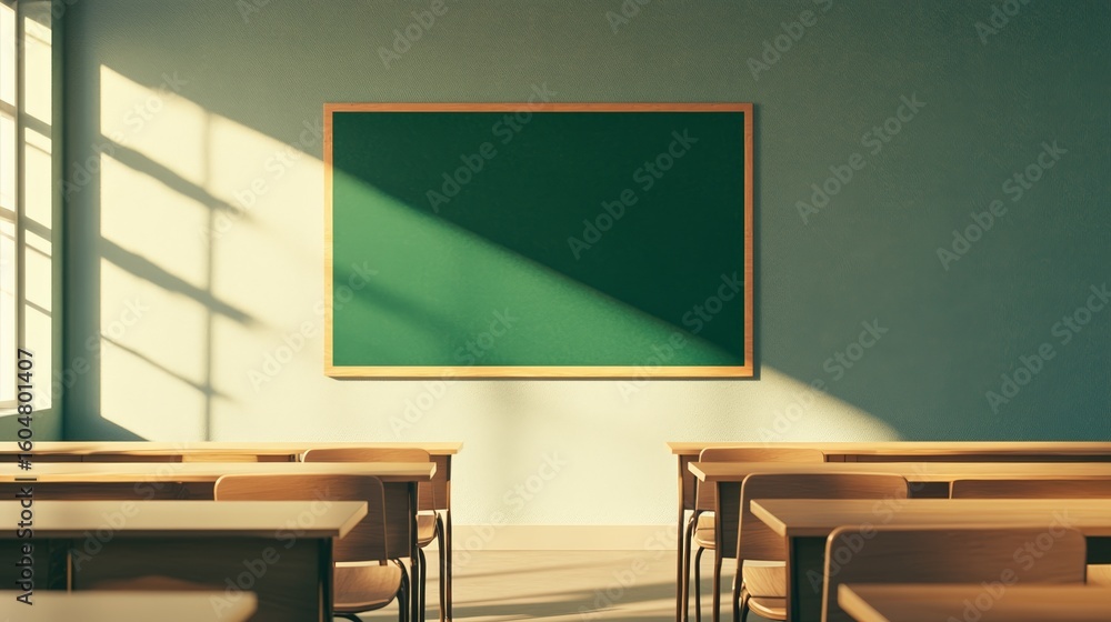 Poster sunlight is streaming into an empty classroom, illuminating the blank chalkboard and rows of desks, 