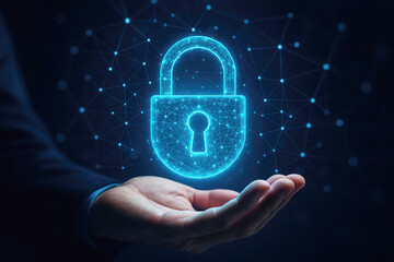 Glowing Digital Lock Protecting Network Connections cybersecurity hologram
