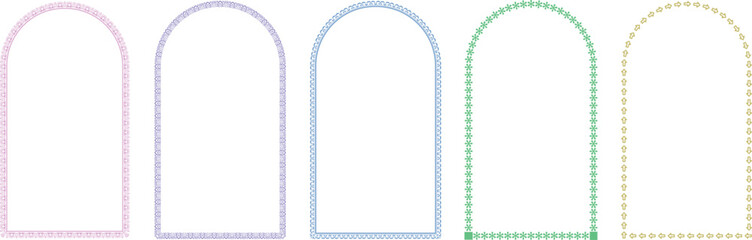 Set of colorful arched window frames with pastel gradient outlines in minimal vector style. Perfect for modern design, architecture, or digital  elements. Ideal for creative use in web and print.