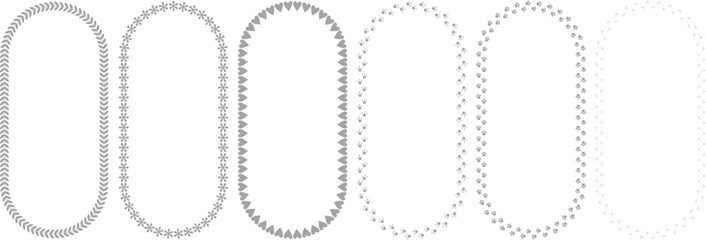 Minimal oval dashed border frame set in grayscale outline style. Simple dotted label design elements for layout decoration, badge creation, or modern user interface highlighting.