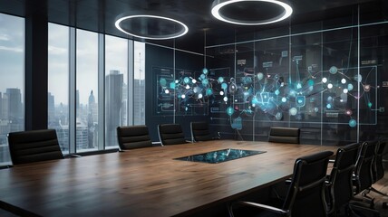 transformation roadmap for banking Modern conference room with digital displays.