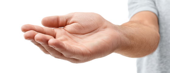 A close-up of an outstretched human hand with the palm facing upward and fingers slightly curved.