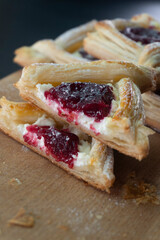 Puff pastry with jam and cream cheese. Dessert. Pastries. Food concept