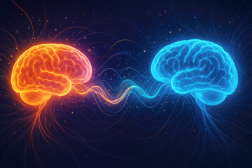 Glowing orange and blue brains connected by energy waves mind connection