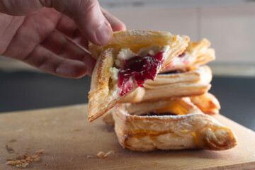 Puff pastry with jam and cream cheese. Dessert. Pastries. Food concept